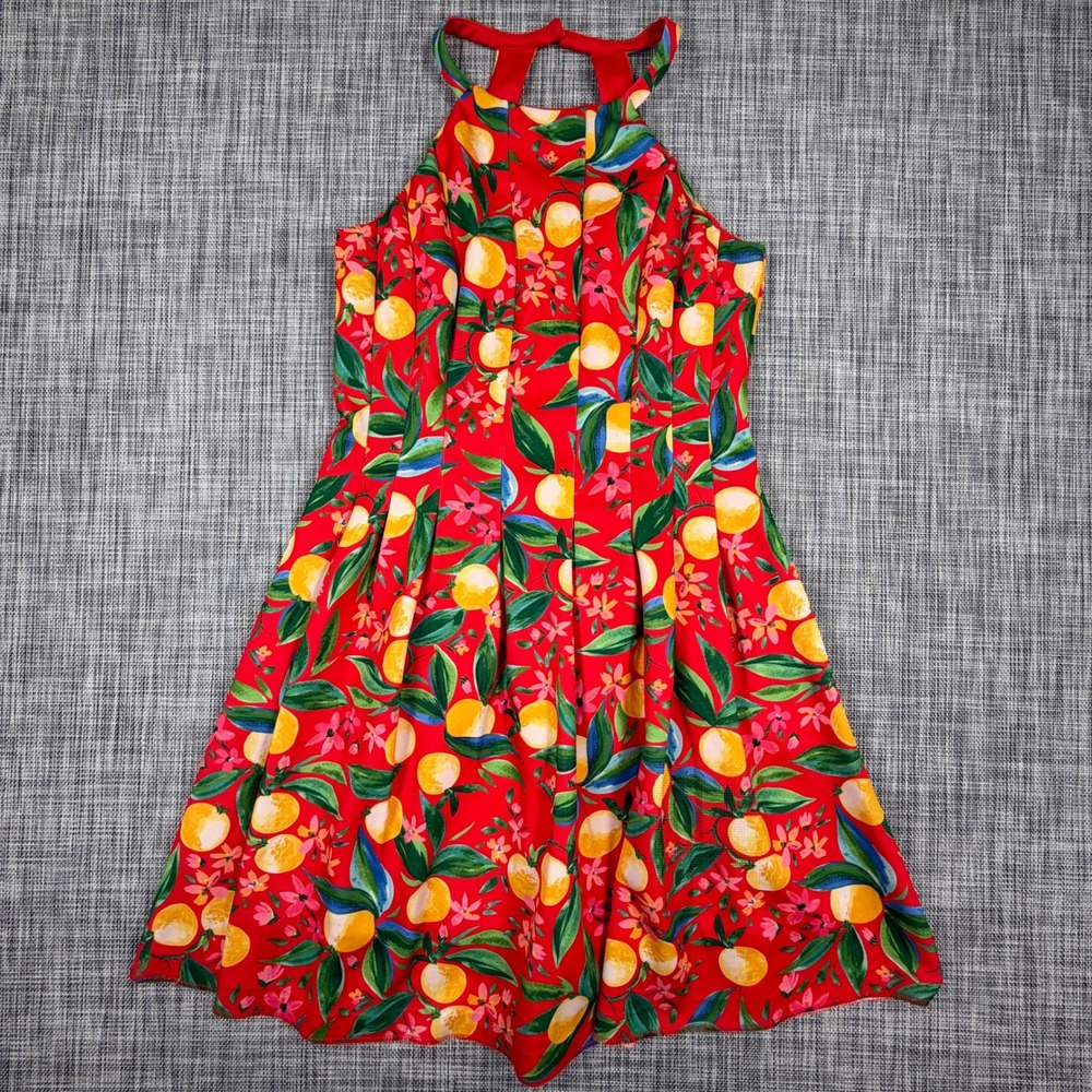 Vince Camuto Womens Red Fruit Print Halter Dress Lemon Floral Size 12 Sleeveless